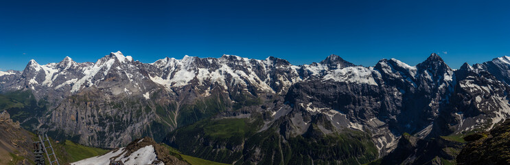 Stunning Panoramic view of Swiss Alps, Jungfrau mountain range from schilthorn, Murren, Switzerland.
