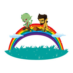 Obraz premium ugly troll with caveman gnome and rainbow