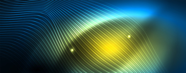 Smooth wave lines on blue neon color light background. Glowing abstract wave on dark, shiny motion, magic space light