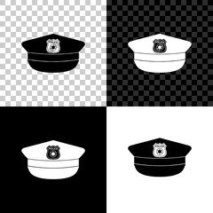 Police cap with cockade icon isolated on black, white and transparent background. Police hat sign. Vector Illustration