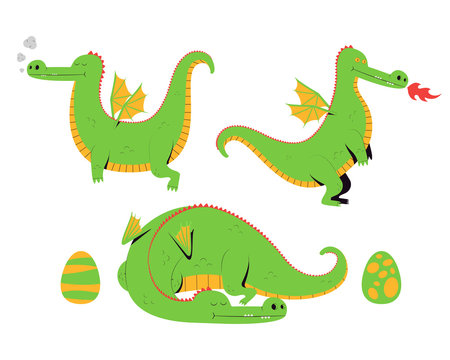 Dragon set. Cute cartoon dragons and dragon eggs isolated on a white background. Vector illustration