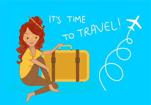 Travel vacations design picture of pretty young woman with red hair and suitcase, case, bag, briefcase en realistic and isometric style.Text:It's time to travel?Vector illustration with background.