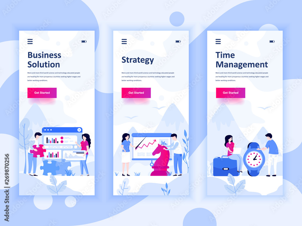 Poster set of onboarding screens user interface kit for solution, strategy, time management, mobile app tem