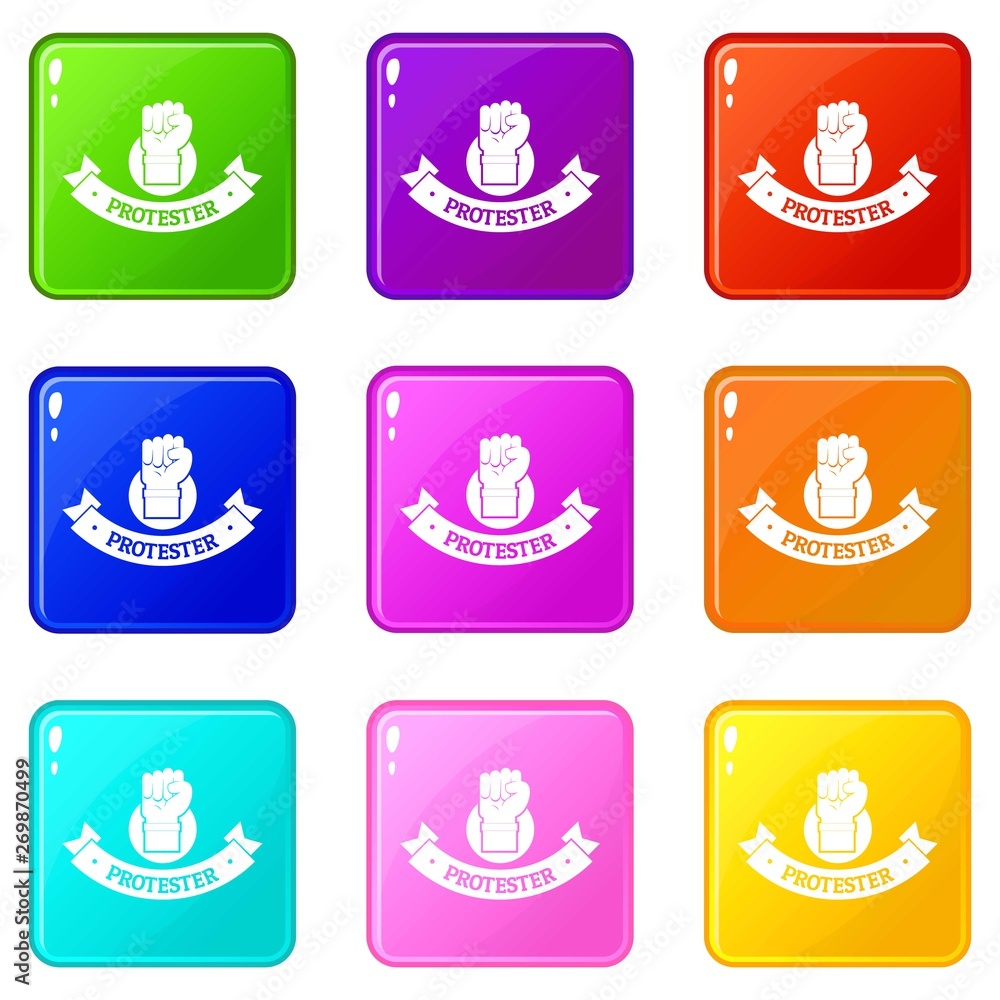 Poster protester hand icons set 9 color collection isolated on white for any design