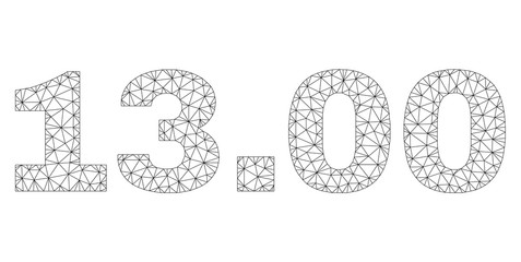 Mesh vector 13.00 text caption. Abstract lines and dots form 13.00 black carcass symbols. Wire carcass flat polygonal mesh in vector format.