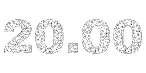 Mesh vector 20.00 text label. Abstract lines and spheric points are organized into 20.00 black carcass symbols. Wire carcass 2D triangular mesh in vector EPS format.