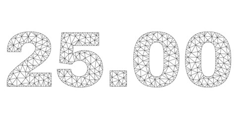 Mesh vector 25.00 text. Abstract lines and spheric points form 25.00 black carcass symbols. Linear carcass flat triangular mesh in vector EPS format.