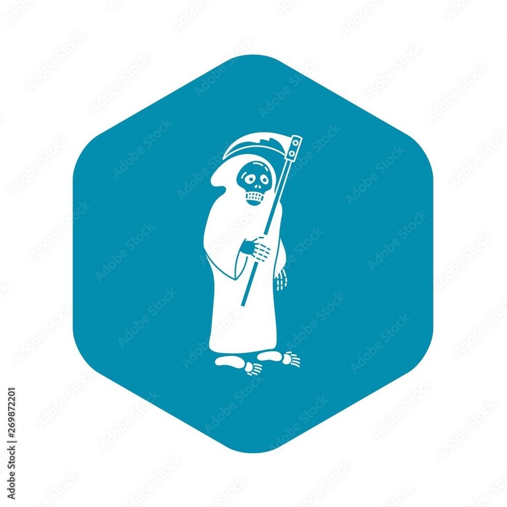Poster death with scythe icon. simple illustration of death with scythe vector icon for web design isolated