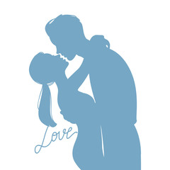 Silhouette of passionate young couple kissing isolated on white background : Vector Illustration