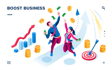 Isometric business banner for smartphone application. Boost startup, company or investment. Businessman, businesswoman catching cash and coins, rising chart with arrow. Financial profit theme