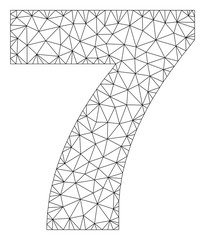 Mesh vector 7 text. Abstract lines and spheric points are organized into 7 black carcass symbols. Wire carcass flat polygonal mesh in vector EPS format.