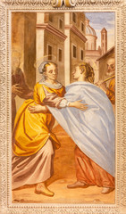 OSSUCCIO, ITALY - MAY 8, 2015: The baroque fresco of Visitation in church Sacro Monte della Beata Vergine del Soccorsoby Salvatore Pozzi di Puria  (1595 – 1681).