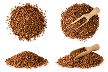 Set of pile buckwheat with wooden spoon and without on a white, isolated.
