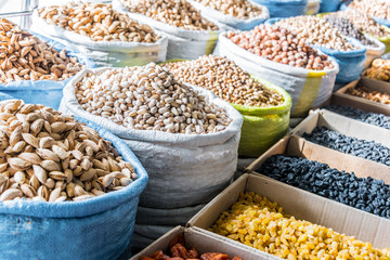 Dried food products sold at the Chorsu Bazaar in Tashkent