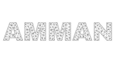 Mesh vector AMMAN text. Abstract lines and spheric points are organized into AMMAN black carcass symbols. Wire carcass 2D triangular mesh in vector EPS format.