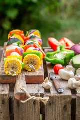 Delicious skewers with vegetables and meat in summer