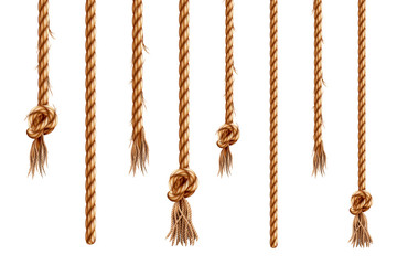 Set of isolated hanging ropes with tassels. 3d hemp string with brush and frayed knot. Realistic knotted nautical thread. Tied ring or bell whipcord. Nautical or marine vertical fiber. Straight cable - obrazy, fototapety, plakaty