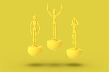 Three toy man of yellow color on a sports abstract pedestal. Minimal concept: winner, loser. 3D render.