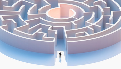 Man in suit standing in front of a circular or concentric maze entrance. Aerial. Abstract and conceptual 3d render illustration.