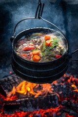Closeup of fresh hunter's stew on campfire