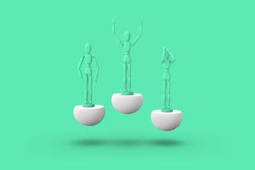 Three toy man of green color on a sports abstract pedestal. Minimal concept: winner, loser. 3D render.