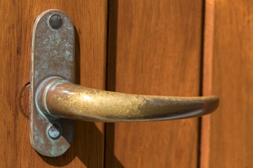 Brass door handle on a wooden door.