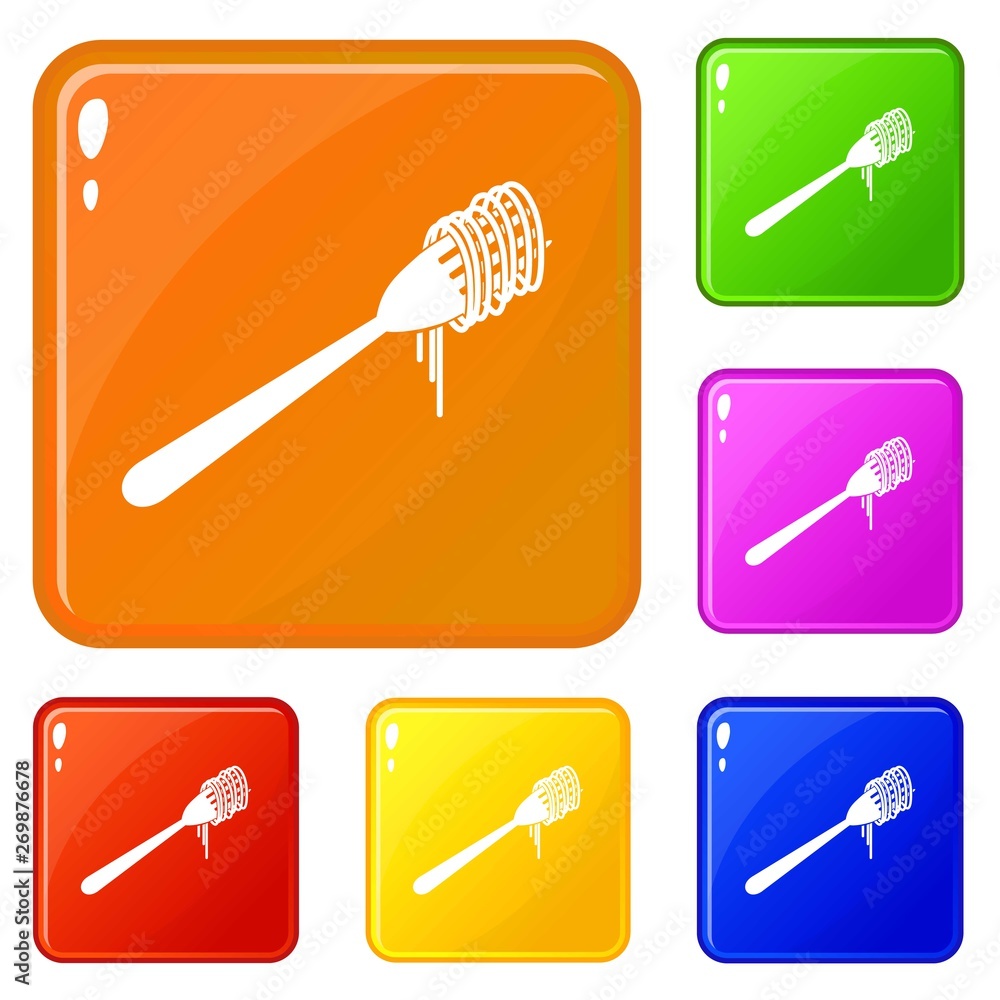 Poster spaghetti on a fork icons set collection vector 6 color isolated on white background