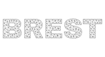 Mesh vector BREST text. Abstract lines and dots form BREST black carcass symbols. Wire carcass flat polygonal mesh in vector format.