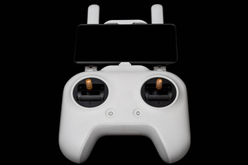 White wireless control panel for the drone and mobile phone for the first person view. FPV system....