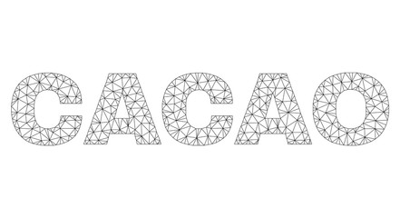 Mesh vector CACAO text. Abstract lines and circle dots are organized into CACAO black carcass symbols. Wire carcass 2D triangular network in vector EPS format.