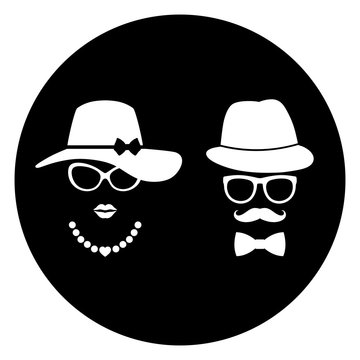 lady and gentleman with glasses symbol and hat on black background