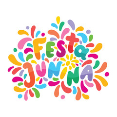 Brazilian Celebration Festa Junina illustration. Bright festive lettering text Festa Junina Colorful Feast logo isolated