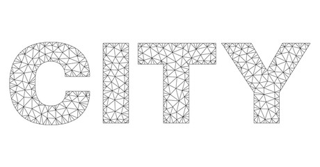 Mesh vector CITY text label. Abstract lines and spheric points are organized into CITY black carcass symbols. Linear carcass flat triangular mesh in vector format.