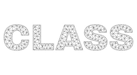 Mesh vector CLASS text. Abstract lines and circle dots form CLASS black carcass symbols. Wire carcass flat polygonal mesh in vector format.