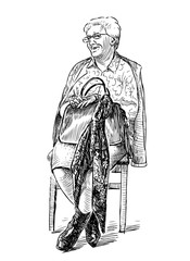 A sketch of an elderly woman sitting on a chair