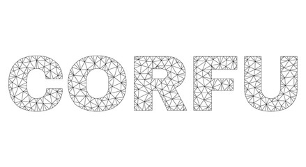 Mesh vector CORFU text. Abstract lines and spheric points are organized into CORFU black carcass symbols. Linear carcass flat triangular mesh in eps vector format.