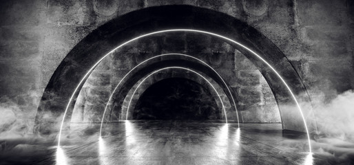 Smoke Corridor Spaceship Neon Glowing Futuristic Sci Fi White Laser Stage Empty Tunnel Reflective Concrete Grunge Oval Arc Alien 3D Rendering
