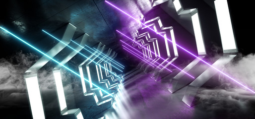 Smoke Neon Corridor Spaceship  Virtual Futuristic Sci Fi Modern Glossy Metal Reflective Alien Entrance Tunnel Dark Laser Vibrant Purple Blue Glowing 3D Rendering