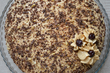 cream cake with chocolate chips and cream flowers