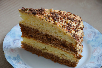 piece of cream cake with nuts and chocolate chips