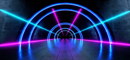 Neon Laser Blue Purple Pink Oval Circle Tunnel Corridor Concrete Grunge Reflective Dark Hallway Underground Garage Hall Empty Futuristic Elegant Modern 3D Rendering