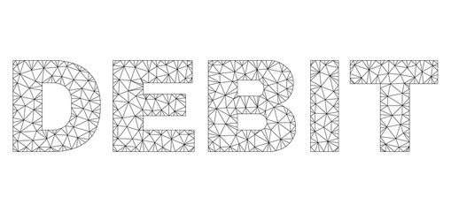 Mesh vector DEBIT text. Abstract lines and circle dots form DEBIT black carcass symbols. Wire carcass flat polygonal mesh in vector EPS format.