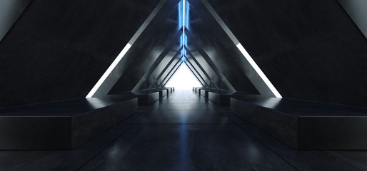 Triangle Arc Concrete Grunge Tunnel Corridor Sci Fi Futuristic Laser Stage Vibrant Blue Glowing Shapes Chaotic Fluorescent Empty Dark Underground Garage 3D Rendering