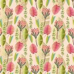 seamless pattern of pink flowers and green leaves on a pink background