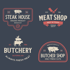 Set of Butcher Shop and Butchery hand written lettering logo, label, badge, emblem. Template for shop, cover, sticker, print, business works. Vintage retro style.