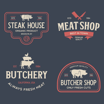 Set of Butcher Shop and Butchery hand written lettering logo, label, badge, emblem. Template for shop, cover, sticker, print, business works. Vintage retro style.