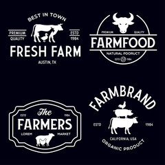 Fototapeta premium Farmers market logo templates stamps labels badges set. Trendy retro style logotypes, farm natural organic products food, animals, beef, goat, hen and pig silhouettes.