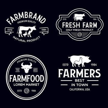 Farmers market logo templates stamps labels badges set. Trendy retro style logotypes, farm natural organic products food, animals, beef, goat, hen and pig silhouettes.