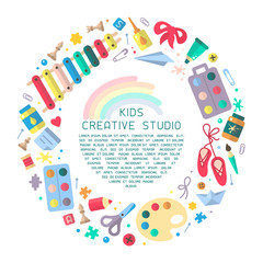 Concept round placard with kids creative studio information. Flat style vector illustration. Suitable for advertisement or placard decor