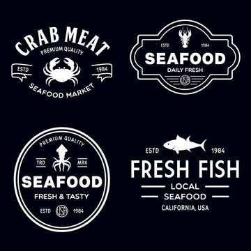 Seafood restaurant logos set vector illustration. Market and fisherman emblems, fishes and seafood silhouettes.